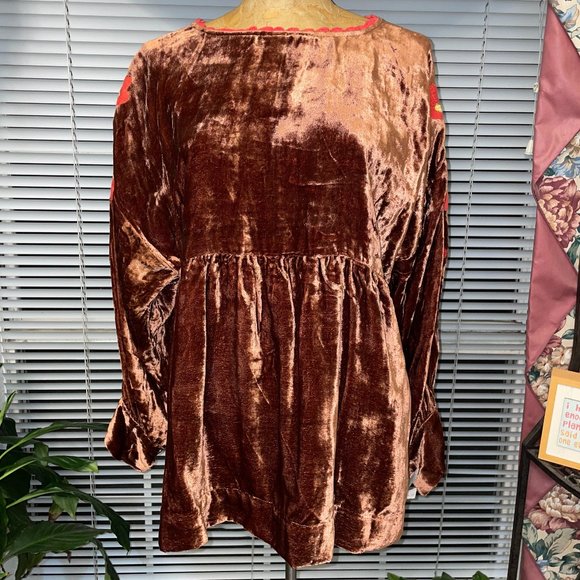NWT Brown Velvet / Velour Boho Embroidered Top IVY JANE S 6 8 - Picture 2 of 5